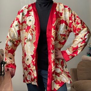 Red & White Roses Silky Robe Blouse VINTAGE